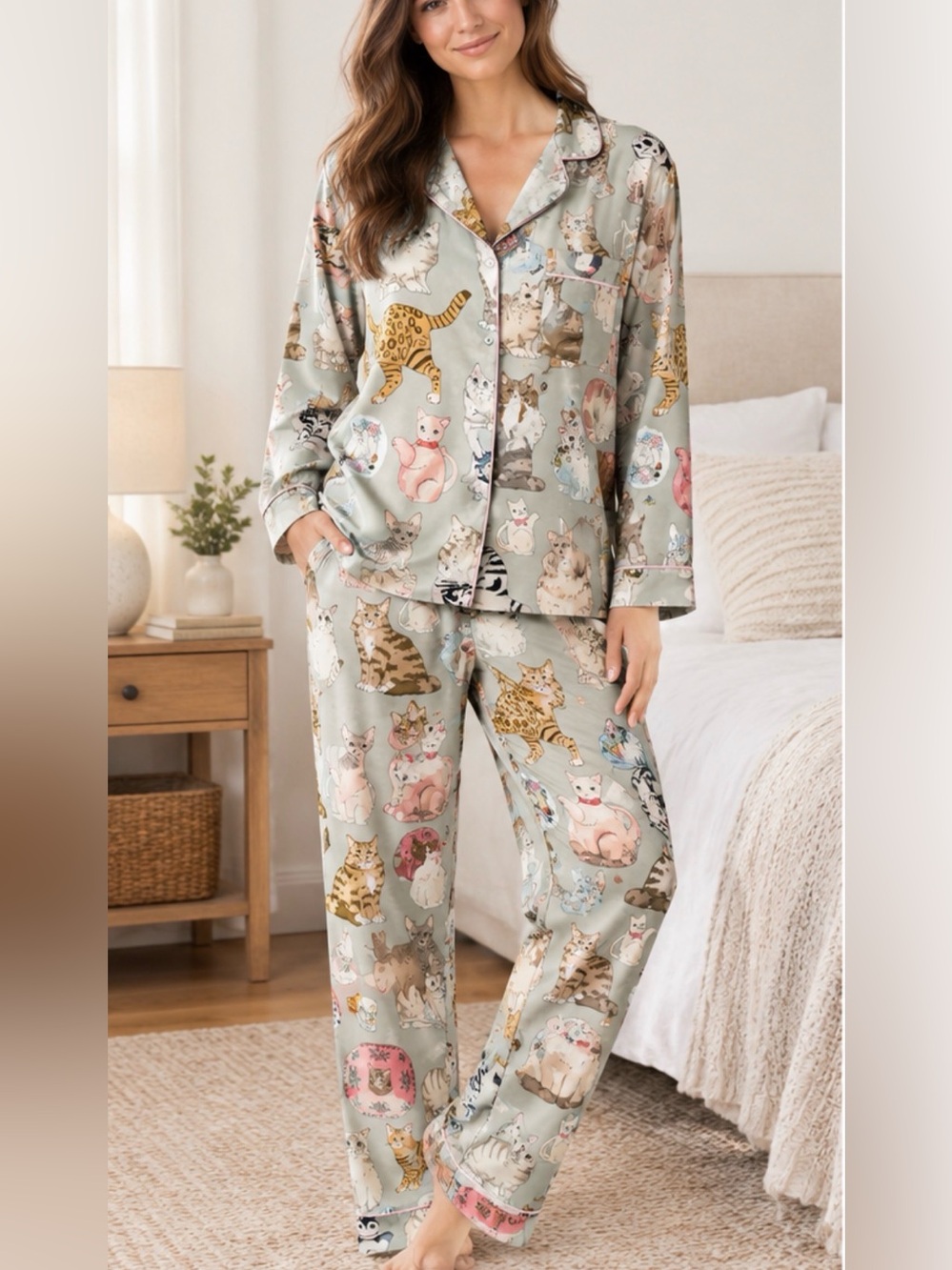 Karen Mabon Sage Satin Cat-Print Pajama Top